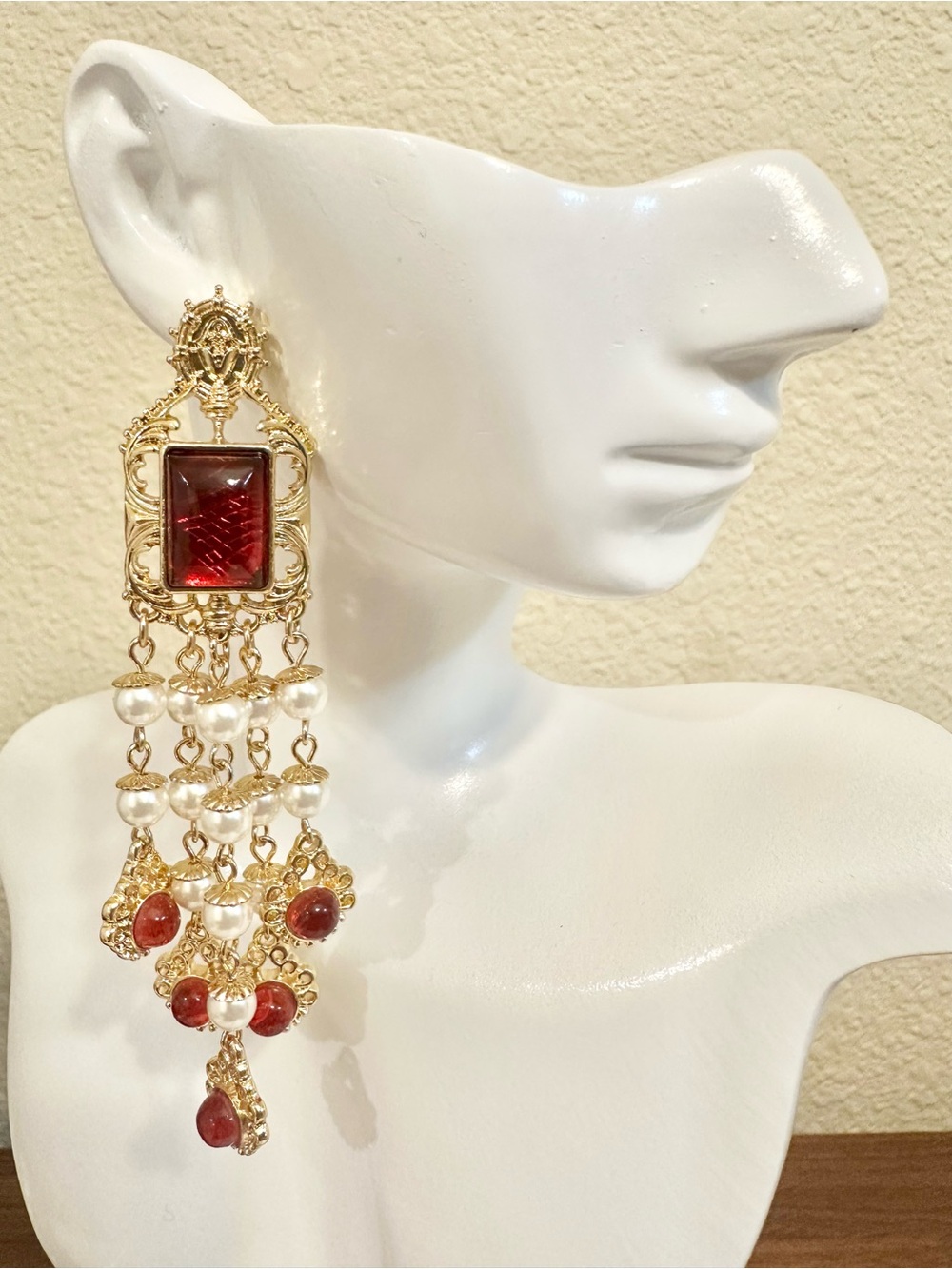 Gold-Plated Red Cabochon & Pearl Chandelier Drop Earrings